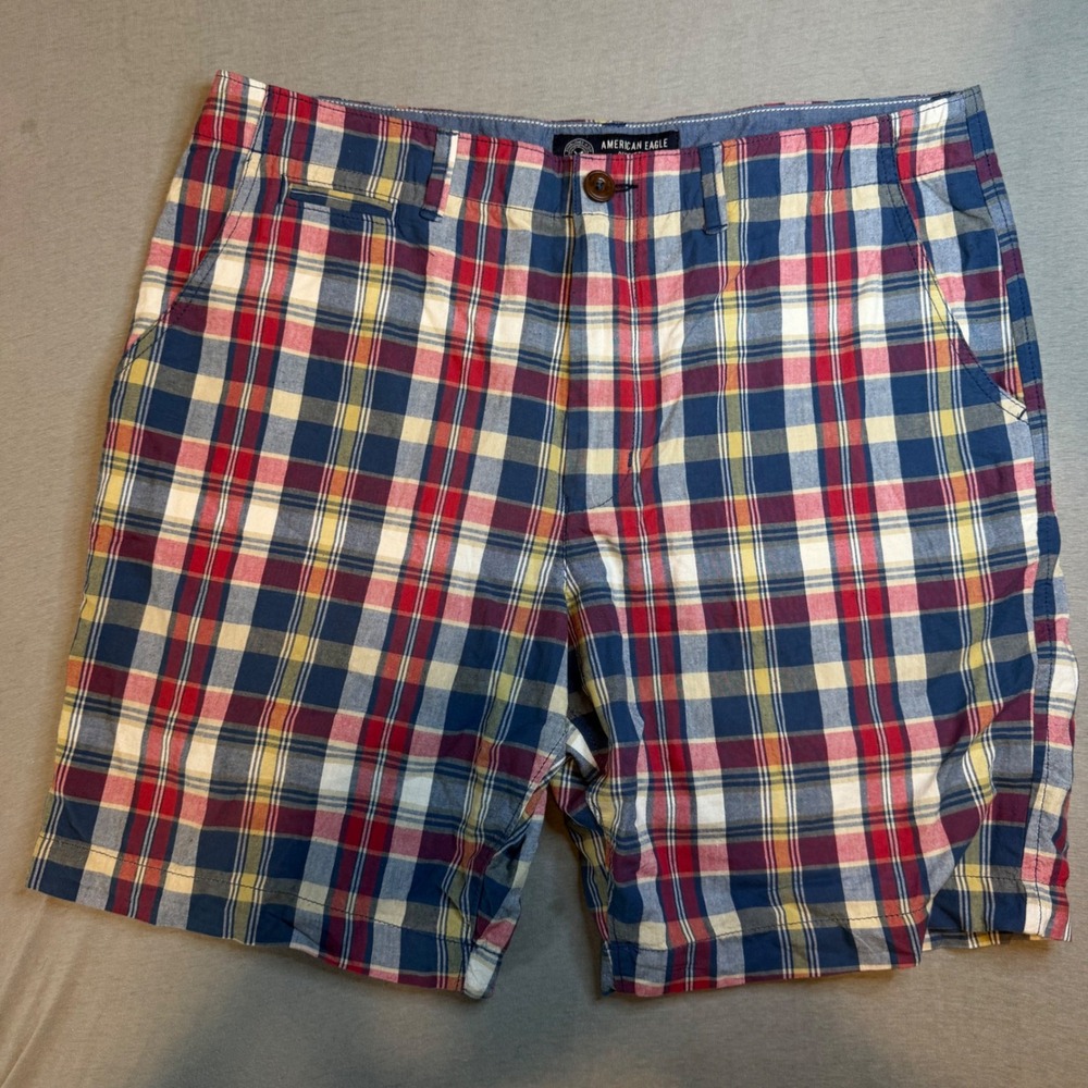 American‎ Eagle Classic Plaid Shorts Mens 36 Red Blue Yellow Cotton Flat Front